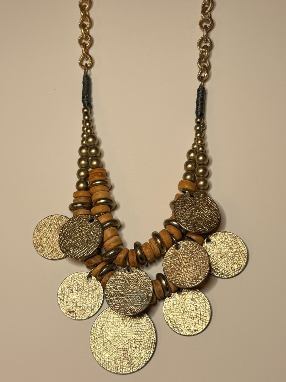 Bib Statement Tribal Ethnic Boho Necklace Bronze Gold Toned Coins Wood beads